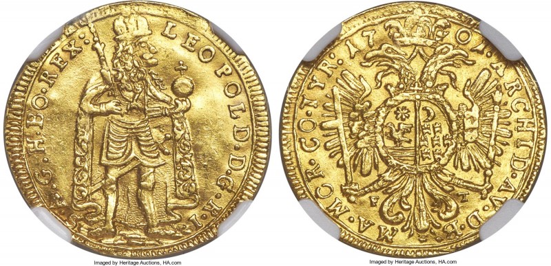 Leopold I gold Ducat 1701-FT MS60 NGC, Hermannstadt mint, KM525, Fr-498. Evenly ...