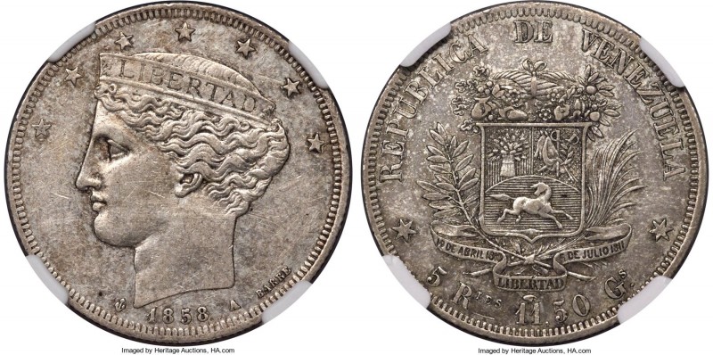 Republic 5 Reales 1858-A AU50 NGC, Paris mint, KM-Y11. A scarce and highly popul...