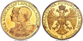 Alexander I gold "Sword Countermarked" 4 Dukata 1931-(K) MS62 NGC, Belgrade mint, KM14.1. With sword countermark to right of Alexander's shoulder. Str...