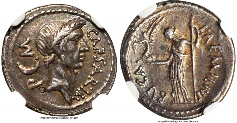 Julius Caesar, as Dictator (49-44 BC). AR denarius (19mm, 3.90 gm, 3h). NGC Choi...