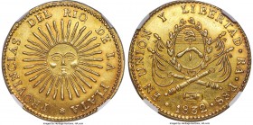 Rio de la Plata gold 8 Escudos 1832/1 RA-P MS62 NGC, La Rioja mint, KM21, Fr-2, Onza-1556. A gorgeous rendition of this sensational "Sun Face" type co...