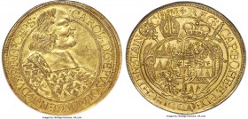 Olmutz. Karl II gold 5 Ducat 1678 AU58 NGC, KM269, Fr-76 (under Bohemia). 17.2gm. A meticulously struck medallic 5 Ducat piece. Karl's portrait is ren...