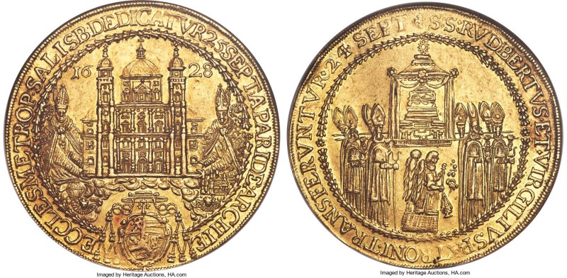 Salzburg. Paris von Lodron gold 10 Ducat 1628 AU58 NGC, KM132, Fr-729. 34.8gm. R...