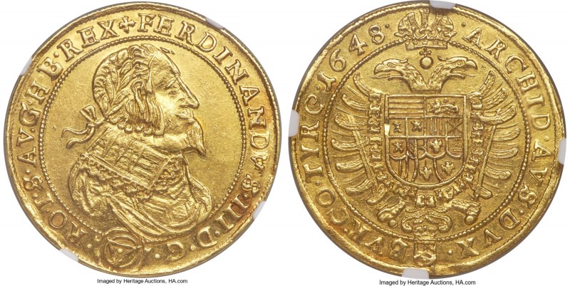 Ferdinand III gold 5 Ducat 1648 MS61 NGC, Vienna mint, cf. KM912 (this date unli...