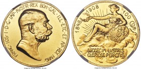 Franz Joseph I gold Proof 100 Corona 1908 PR62 NGC, Kremnitz mint, KM2812, Fr-514. Commemorating the 60th Anniversary of the Reign of Franz Joseph I. ...