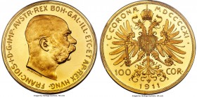 Franz Joseph I gold Proof 100 Corona 1911 PR64 Deep Cameo PCGS, Vienna mint, KM2819, Fr-507. A significant rarity as a Proof, this dazzling near-gem p...