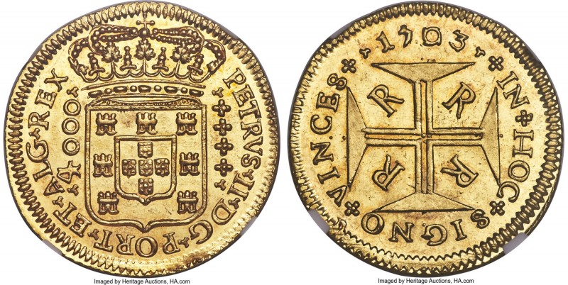 Pedro II gold 4000 Reis 1703-R MS64 NGC Rio de Janeiro mint, KM101, LMB-34. The ...