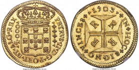Pedro II gold 4000 Reis 1703-R MS64 NGC Rio de Janeiro mint, KM101, LMB-34. The most admirable and perhaps even defining feature of this gorgeous spec...