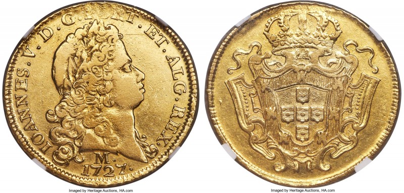 João V gold 6400 Reis 1727-M VF Details (Surface Hairlines) NGC, Minas Gerais mi...