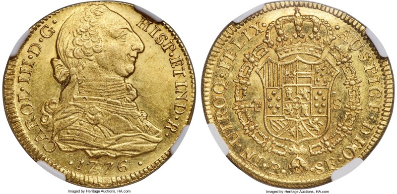 Charles III gold 4 Escudos 1776 P-SF MS62 NGC, Popayan mint, KM44, Restrepo-M68....