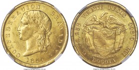 Granadine Confederation gold 20 Pesos 1859-BOGOTA MS63 NGC, Bogota mint, KM130, Restrepo-M236.1. Prooflike reflectivity gleams at the peripheries, the...