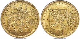 Republic gold 10 Dukaten 1929 MS65 NGC, Kremnitz mint, KM14. From a scant mintage of 1,327 pieces, this delightful first-year gem features flawless su...