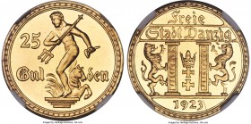 Free City gold Proof 25 Gulden 1923 PR67 Cameo NGC, Berlin mint, KM148, Fr-43. Mintage: 200. Obv. Neptune, holding trident and conch, standing left. R...