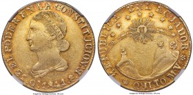 Republic gold 8 Escudos 1841 QUITO-MVA AU53 NGC, Quito mint, KM23.1. Large planchet size. Very rare, a popular variety with a larger flan and represen...