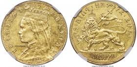 Zauditu gold Pattern 1/2 Birr (4 Werk) EE 1917 (1924) AU58 NGC, Addis Ababa mint, KM-X4.1, Fr-22, Gill-Y22. Obv. Crowned, veiled, and draped bust left...