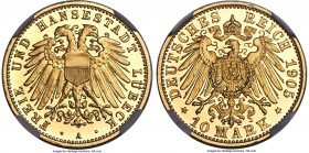 Lübeck. Free City gold Proof 10 Mark 1905-A PR68 Ultra Cameo NGC, Berlin mint, KM214, J-228. Mintage: 247. The first year for the "5-sided Shield" typ...