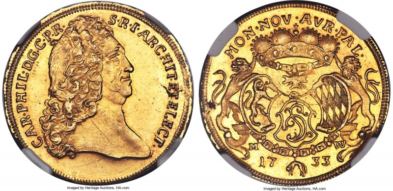 Pfalz - Electoral Pfalz. Karl Philipp gold Carolin 1733 MS62 NGC, KM253, Fr-2032...