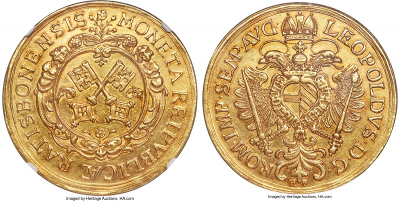 Regensburg. Free City gold 10 Ducat ND (1700-1705) AU58 NGC, cf. KM183 (with dat...