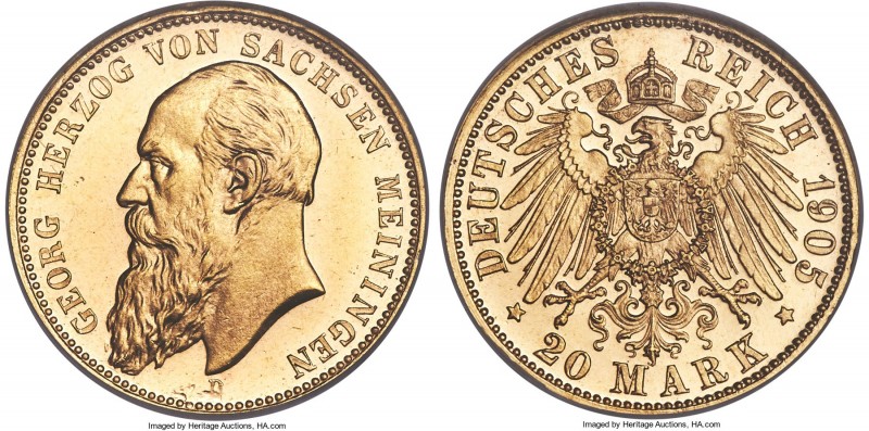 Saxe-Meiningen. Georg I gold 20 Mark 1905-D MS65 Prooflike NGC, Munich mint, KM1...