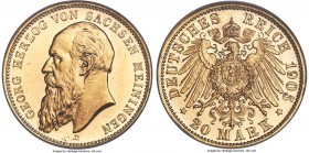Saxe-Meiningen. Georg I gold 20 Mark 1905-D MS65 Prooflike NGC, Munich mint, KM195, J-279. A key date in the series that saw a meager 1,000 examples s...
