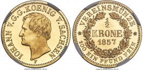 Saxony. Johann gold Proof 1/2 Krone 1857-F PR65 Ultra Cameo NGC, Dresden mint, KM1196, Fr-2903, J-176. Superb and sharp, with a lovely satin frost ove...