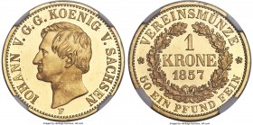 Saxony. Johann gold Proof Krone 1857-F PR65 Ultra Cameo NGC, Dresden mint, KM1197, Fr-2902, J-177. Struck in a limited mintage of 3,580, with an anecd...