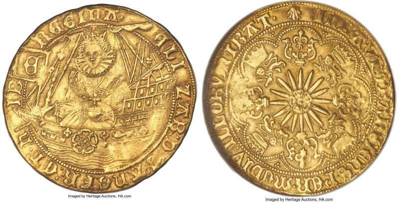 Elizabeth I (1558-1603) gold "Ship" Ryal of 15 Shillings ND (1584-1586) XF45 NGC...