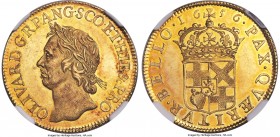 Oliver Cromwell gold Broad 1656 MS62 NGC, KM-Pn25, S-3225, W&R-39. After the English Civil War terminated in 1649 with the execution of King Charles I...