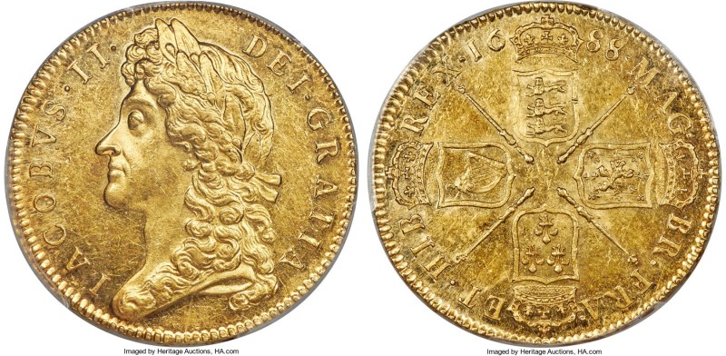 James II gold 5 Guineas 1688 MS60 PCGS, KM460.1, S-3397. A truly outstanding 5 G...