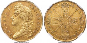 James II gold 5 Guineas 1688 XF40 NGC, KM460.1, S-3397A. Struck in the same year as the "Glorious Revolution" which saw James II deposed and William o...