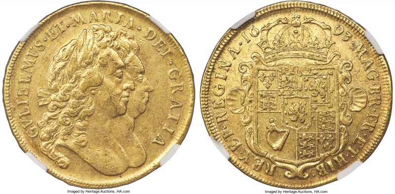 William & Mary gold 5 Guineas 1693 XF45 NGC, KM479.1, S-3422. QVINTO edge. Very ...