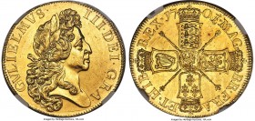 William III gold "Fine Work" 5 Guineas 1701 MS61 NGC, KM508, S-3456. Plain scepters. The celebrated "Fine Work" portrait owes its creation to the mint...