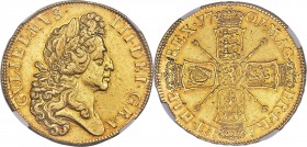 William III gold "Fine Work" 5 Guineas 1701 AU58 NGC, KM508, S-3456. Plain scepters. Perhaps the finest portrait in the entire British 5 Guinea series...