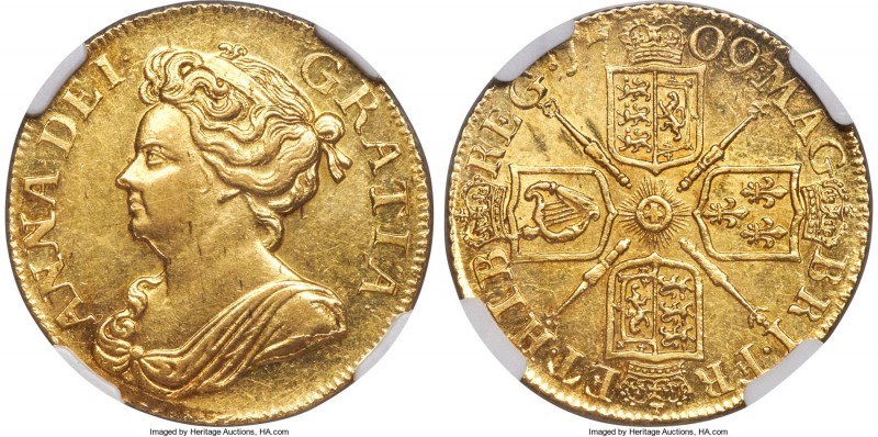 Anne gold Guinea 1709 AU58 NGC, KM529.2, S-3572. An extraordinary offering. Anne...