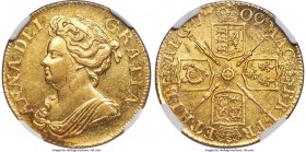 Anne gold Guinea 1709 AU58 NGC, KM529.2, S-3572. An extraordinary offering. Anne Guineas rarely approach Almost Uncirculated grades, being plagued by ...