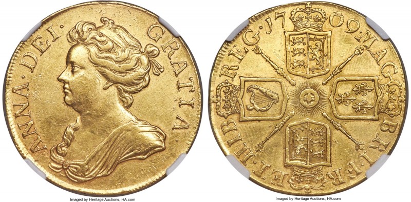 Anne gold 5 Guineas 1709 AU Details (Removed From Jewelry) NGC, KM532, S-3567. O...