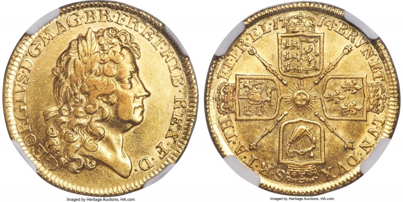 George I gold "Prince Elector" Guinea 1714 AU55 NGC, KM538, S-3628. The first Gu...