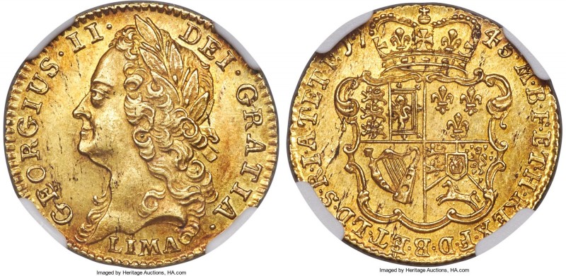 George II gold 1/2 Guinea 1745-LIMA MS63 NGC, KM580.2, S-3684. An extreme rarity...