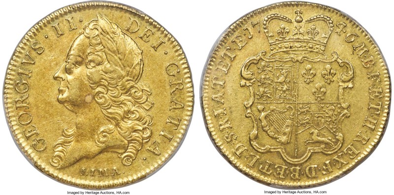 George II gold 5 Guineas 1746-LIMA AU53 PCGS, KM586.1, S-3665. Decimo Nono edge....