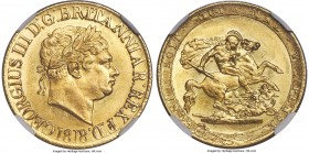 George III gold Sovereign 1818 MS63 NGC, KM674, S-3785. Descending colon after BRITANNIAR. The second rarest date of George III's Sovereign (after the...