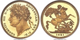 George IV gold Proof Sovereign 1821 PR64 Ultra Cameo NGC, KM682, S-3800, W&R-231 (R3). Startlingly bright mirror fields backlight the king's luxurious...