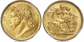 George IV gold Sovereign 1825 MS62+ NGC, KM696, S-3801. First laureate head type. The changeover year from Pistrucci's laureate portrait of George to ...