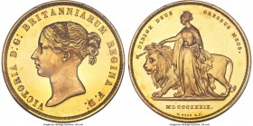 Victoria gold Proof "Una and the Lion" 5 Pounds 1839 PR64 Deep Cameo PCGS, KM742, S-3851, W&R-279. DIRIGE legend, medal rotation. LE, 5 Scrolls. By Wi...