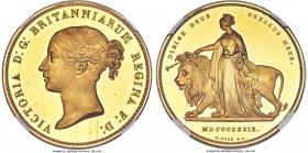 Victoria gold Proof "Una and the Lion" 5 Pounds 1839 PR61 Ultra Cameo NGC, KM742, S-3851, W&R-278. By William Wyon. Lettered edge. Perhaps Britain's m...