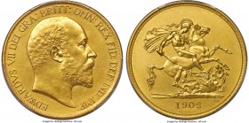 Edward VII gold Matte Proof 5 Pounds 1902 PR64 PCGS, KM807, S-3966, W&R-404. Exceptionally rare at this grade level! The sandblasting effect of this i...
