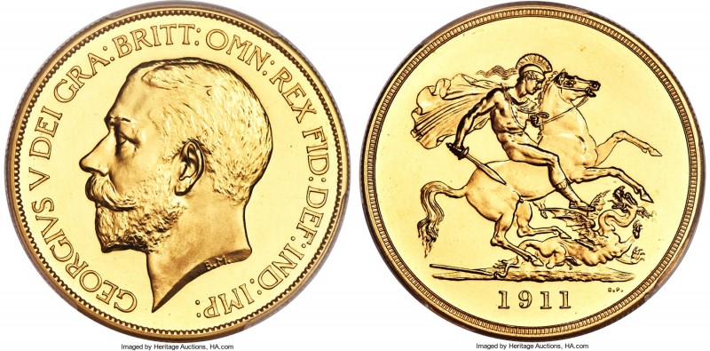 George V gold Proof 5 Pounds 1911 PR64 PCGS, KM822, S-3994. Mintage: 2,812. Prem...