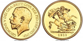 George V gold Proof 5 Pounds 1911 PR64 PCGS, KM822, S-3994. Mintage: 2,812. Premium even for its near-gem grade, this charming 5 Pounds displays sleek...