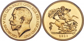 George V gold Proof 5 Pounds 1911 PR64 NGC, KM822, S-3994, W&R-414. From a Proof-only mintage of 2,812 pieces, this is the sole 5 Pound piece produced...