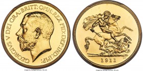 George V gold Proof 5 Pounds 1911 PR64 PCGS, KM822, S-3994. A lofty near-gem with lightly brushed fields the sole detracting quality. The designs are ...