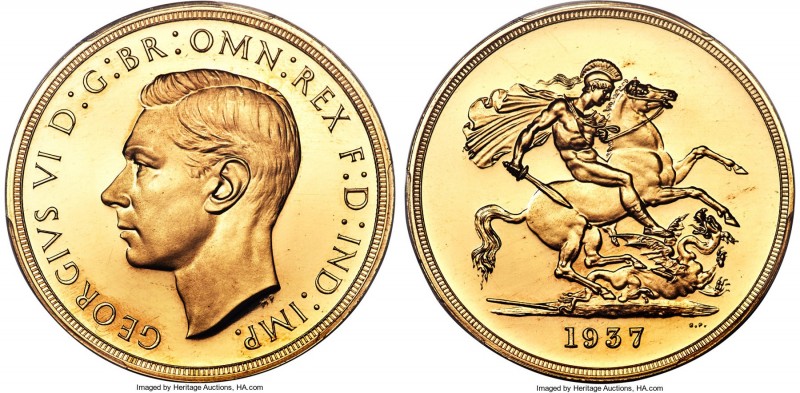 George VI gold Proof 5 Pounds 1937 PR65 Deep Cameo PCGS, KM861, S-4074. The last...